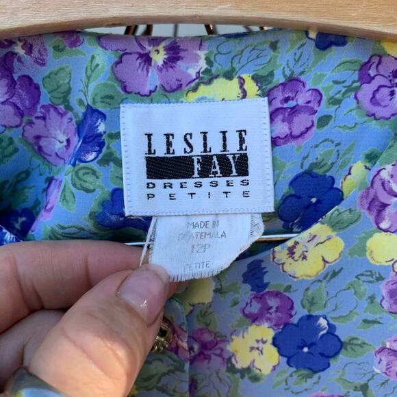 Vintage 90s Leslie Faye blue purple pansy floral pleated skirt & blouse set 12P - Picture 6 of 7